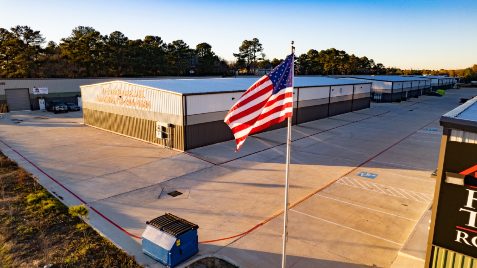 Aerial view of a completed self-storage campus